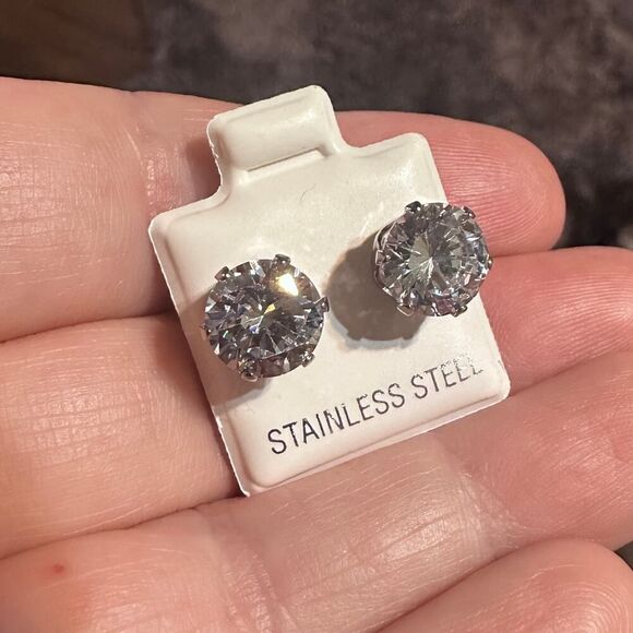 Stainless Steel 9mm Clear CZ Stud Earrings - Picture 7 of 8